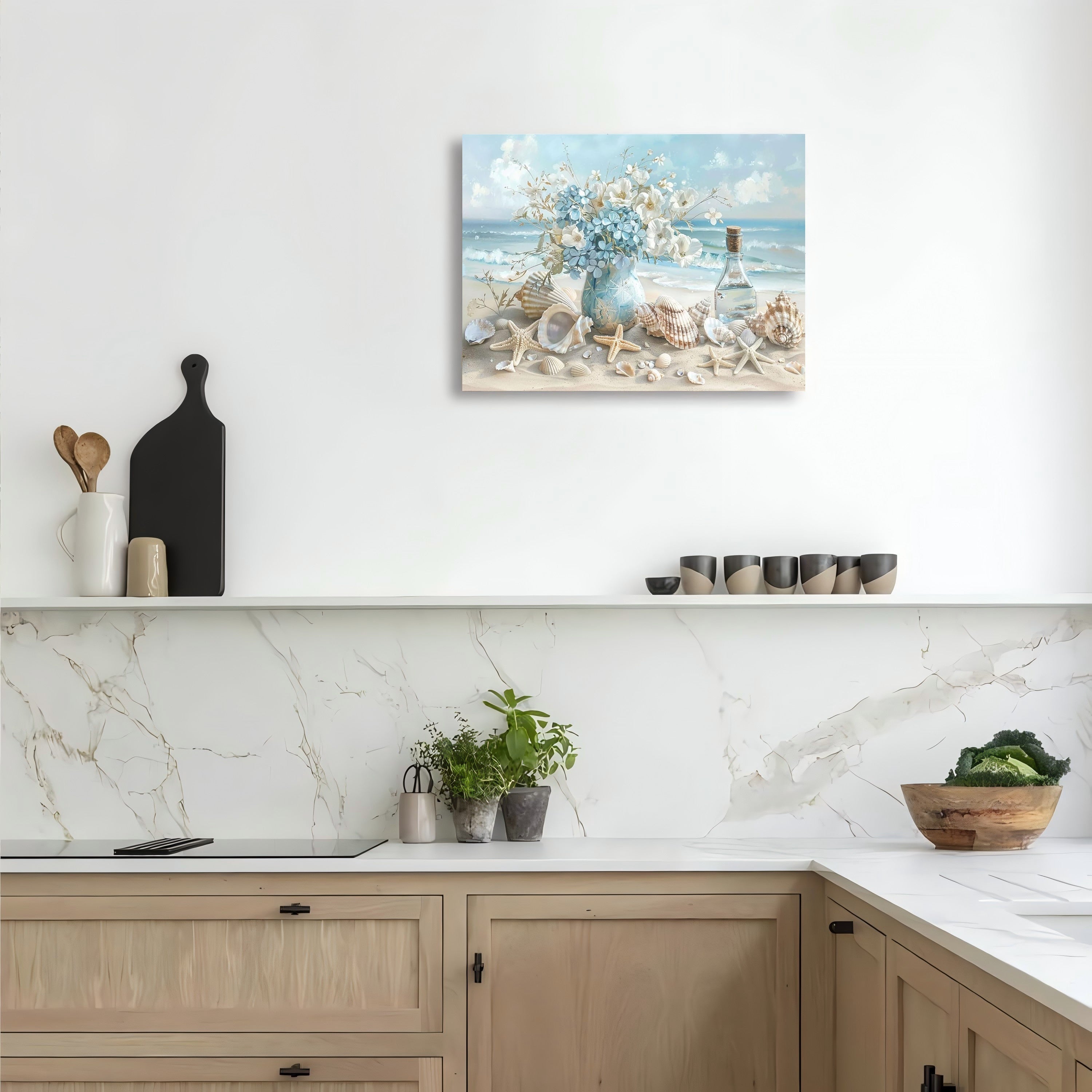 Hoomics Prints Framed Wall Art – Wooden Canvas Painting Blue Vase Floral Ocean Theme for Home & Office