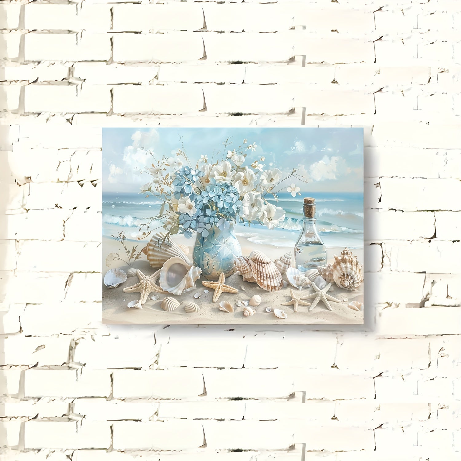 Hoomics Prints Framed Wall Art – Wooden Canvas Painting Blue Vase Floral Ocean Theme for Home & Office