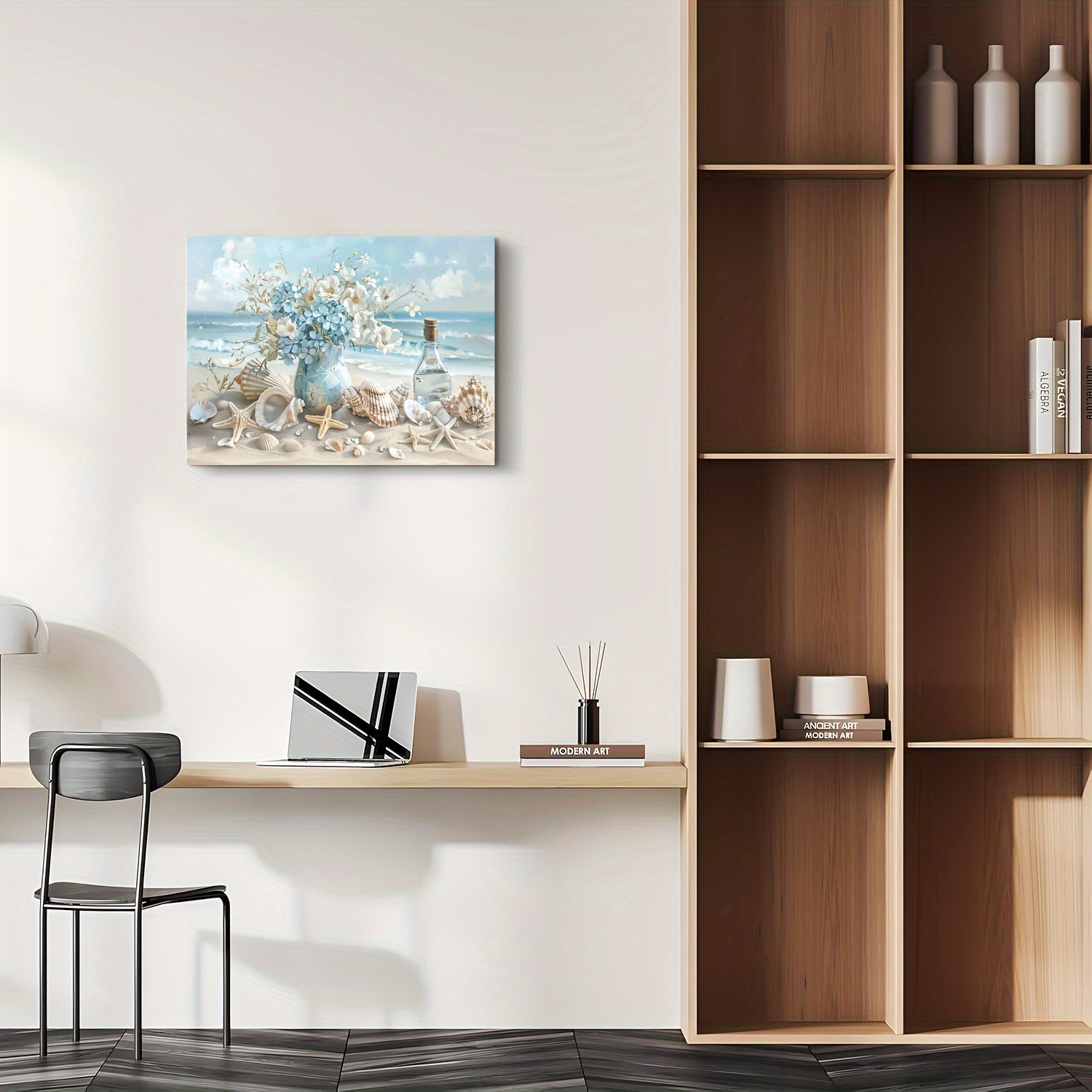 Hoomics Prints Framed Wall Art – Wooden Canvas Painting Blue Vase Floral Ocean Theme for Home & Office